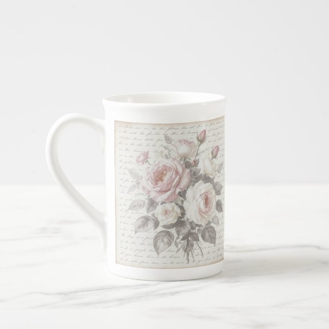 Victorian Rose Dusty Pink Cream  Faded Script Bone China Mug (Left)