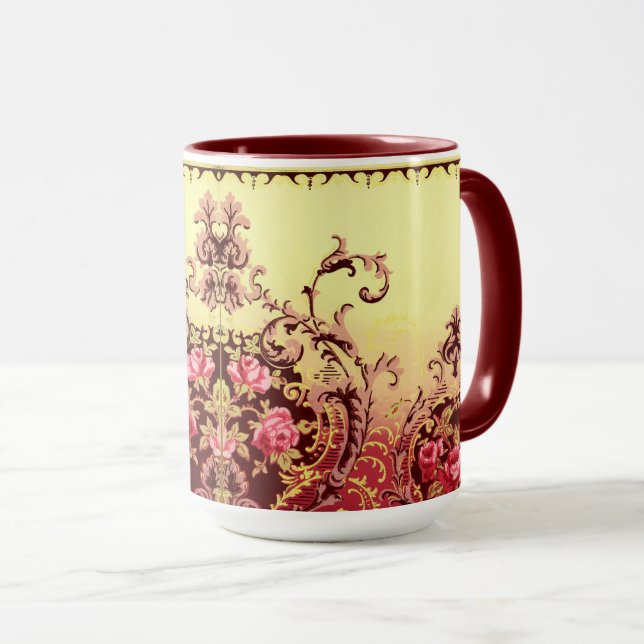 Victorian rose elegant floral red gold textile art mug (Front Right)