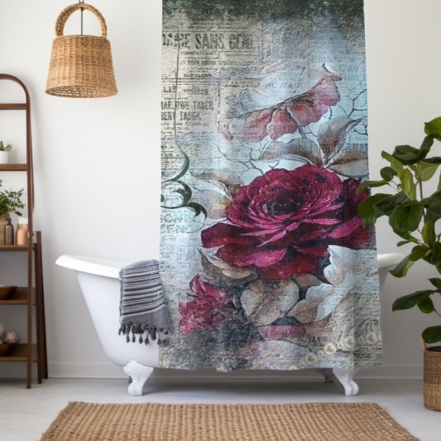 Victorian Rose Ephemera Newspaper Print Shower Curtain (Creator Uploaded)