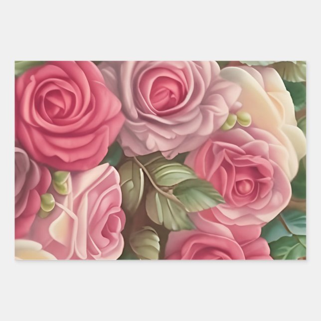 Victorian Rose Garden - Pastel Pink Blooms Wrapping Paper Sheet (Front)