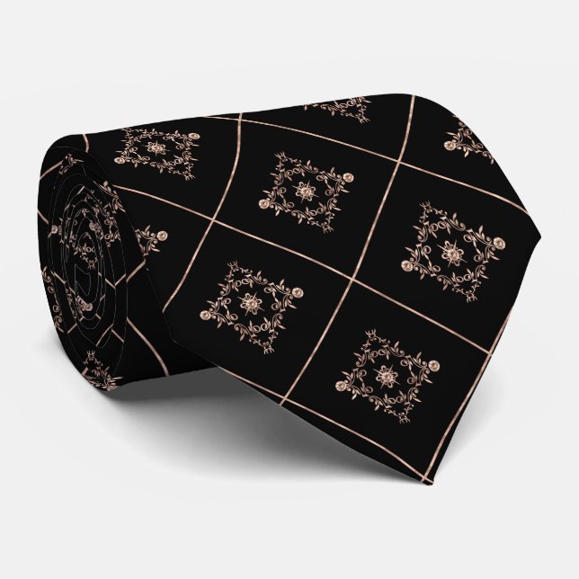 Victorian rose gold black pattern Wedding neck tie (Rolled)