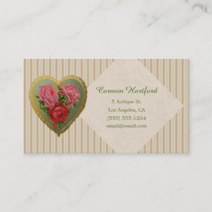 Victorian Rose Heart and Striped Linen Business Card