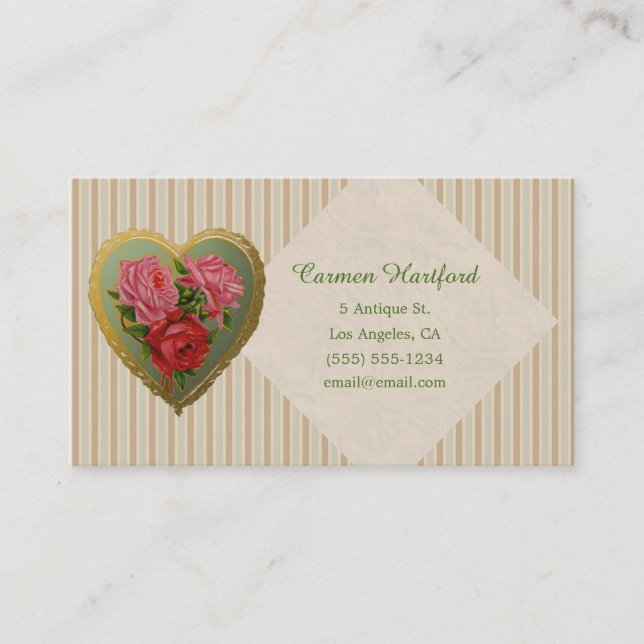 Victorian Rose Heart and Striped Linen Business Card (Front)