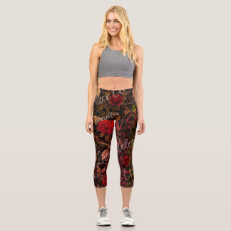 Victorian Rose Manuscript Romantic Floral Fashion Capri Leggings