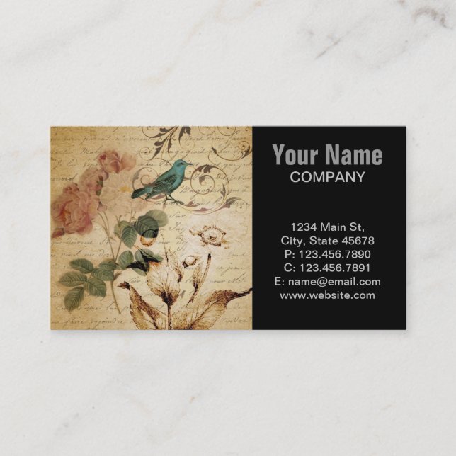 Victorian Rose Paris Scripts french bird botanical Business Card (Front)