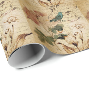 Victorian Rose Paris Scripts french bird botanical Wrapping Paper
