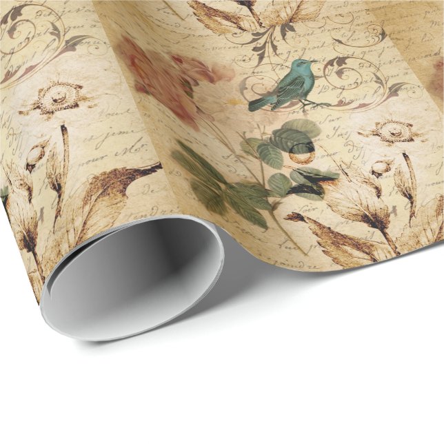 Victorian Rose Paris Scripts french bird botanical Wrapping Paper (Roll Corner)