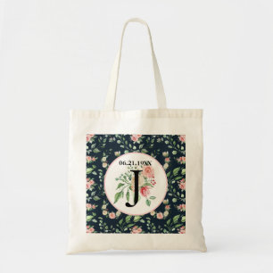 Victorian Rose Pattern Monogram, Wedding Date Tote Bag