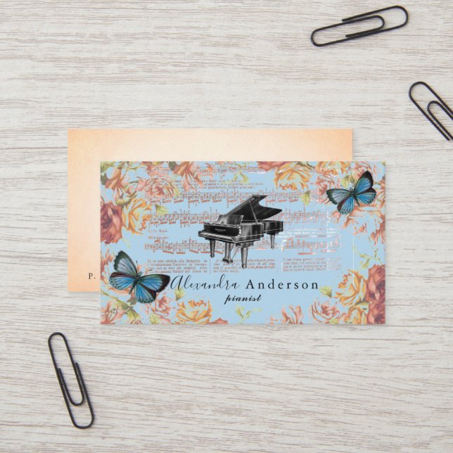 Victorian Rose Vintage Piano Blue Business Card (Front/Back In Situ)