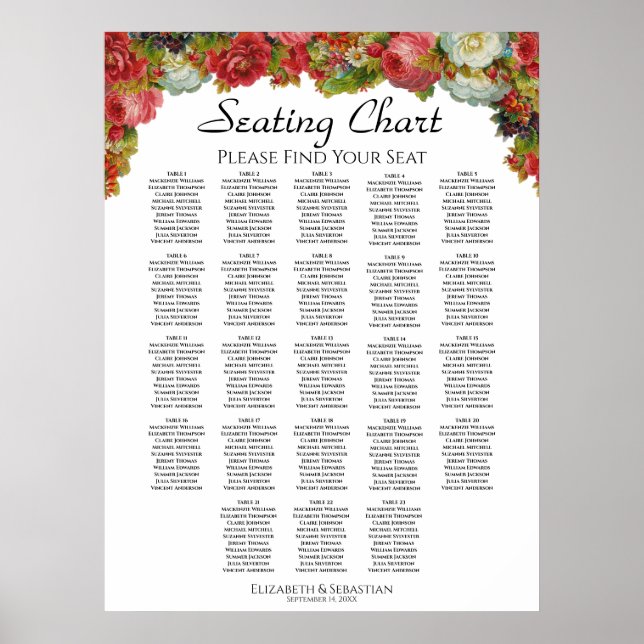 Victorian Roses 23 Table Wedding Seating Chart (Front)