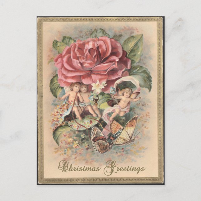 Victorian Roses & Cherubs Christmas Postcard (Front)