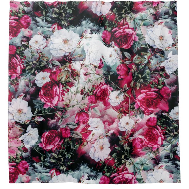 Victorian Roses Floral pink mauve white black bath Shower Curtain (Front)