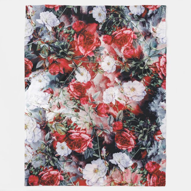 Victorian Roses Floral red white black Fleece Blanket (Front)