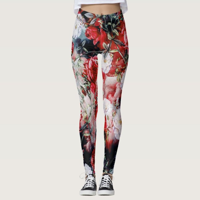 Victorian Roses Floral red white black yoga Leggings (Front)
