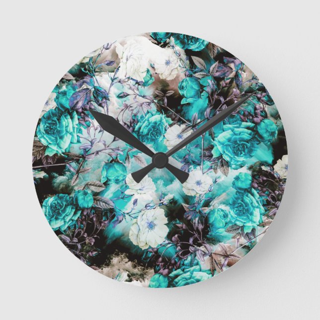 Victorian Roses Floral turquoise teal white black Round Clock (Front)