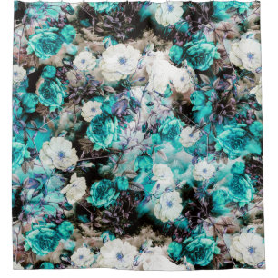 Victorian Roses Floral turquoise teal white black Shower Curtain