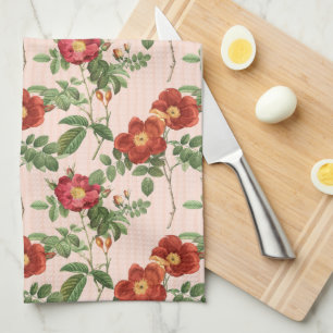 Victorian Roses Pink Stripe Background Tea Towel