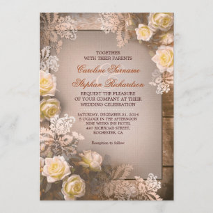 Victorian roses vintage rustic wedding invitations