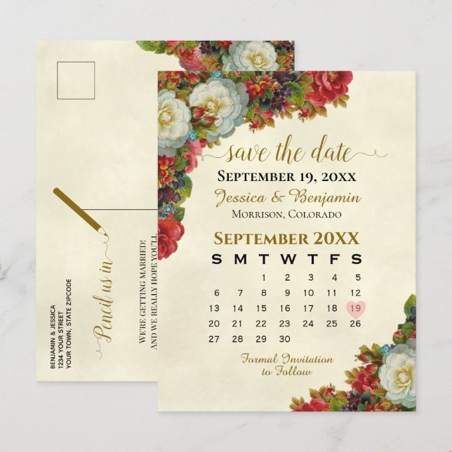 Victorian Roses Wedding Save the Date Calendar Announcement Postcard (Front/Back)