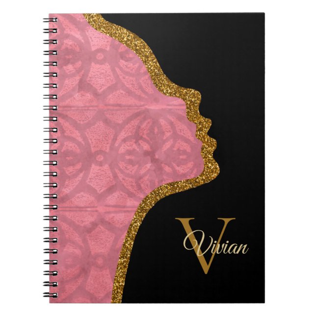Victorian Rouge Pink Black And Gold Glitter Face Notebook (Front)