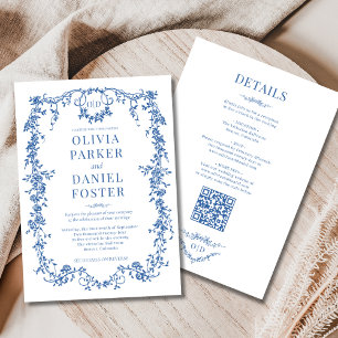 Victorian Royal Blue All in One Wedding Monogram Invitation