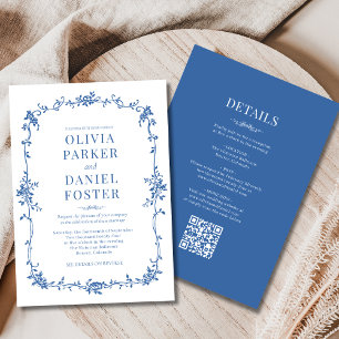 Victorian Royal Blue French All in One Wedding  Invitation