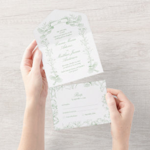 Victorian Sage Green Botanical Birds Wedding All In One Invitation