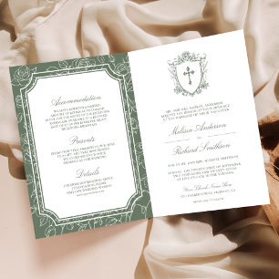 Victorian Sage Green Catholic QR Code Wedding Invitation