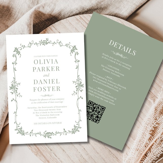 Victorian Sage Green French All in One Wedding  Invitation (Creator Uploaded)
