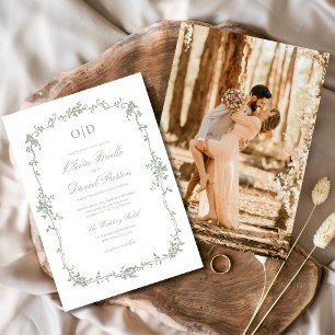Victorian Sage Green Photo Monogram Wedding  Invitation