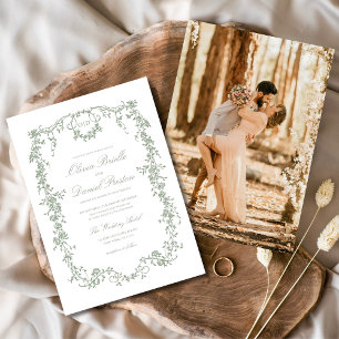 Victorian Sage Green Photo Monogram Wedding  Invitation