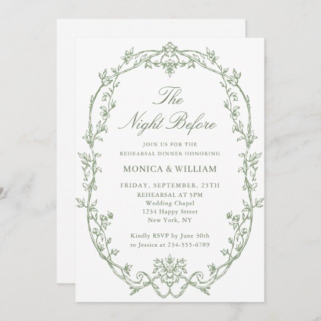 Victorian Sage Green Rehearsal Dinner QR code Invitation (Front/Back)