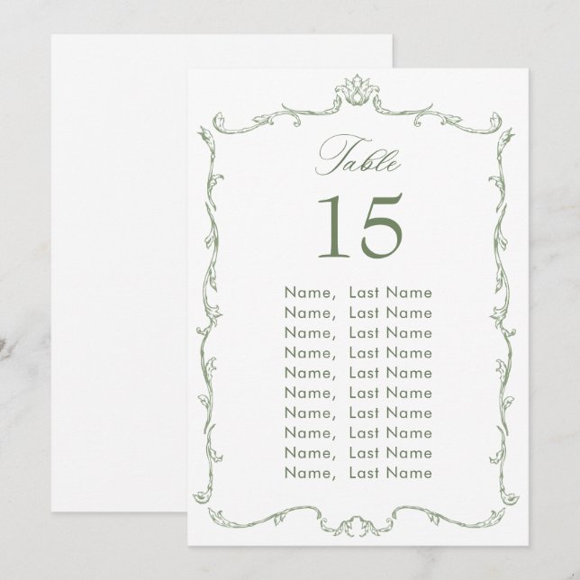 Victorian Sage Green Wedding Seating Chart Card (Front/Back)