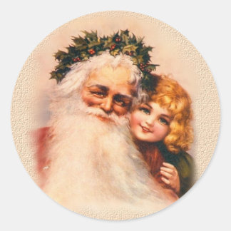Victorian Santa and Girl Classic Round Sticker