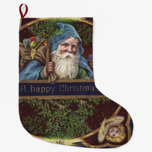 Victorian Santa Angels Blue Christmas Vintage Art Large Christmas Stocking