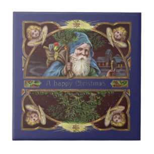 Victorian Santa Angels Blue Christmas Vintage Art Tile