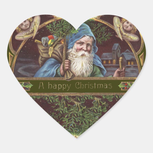 Victorian Santa Angels Christmas Antique Heart Sticker (Front)
