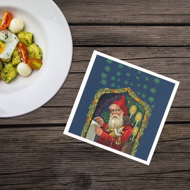 Victorian Santa Checking List Candles Holly Napkin (Victorian Santa Claus checking his list candles stars on dark blue Christmas napkins.)