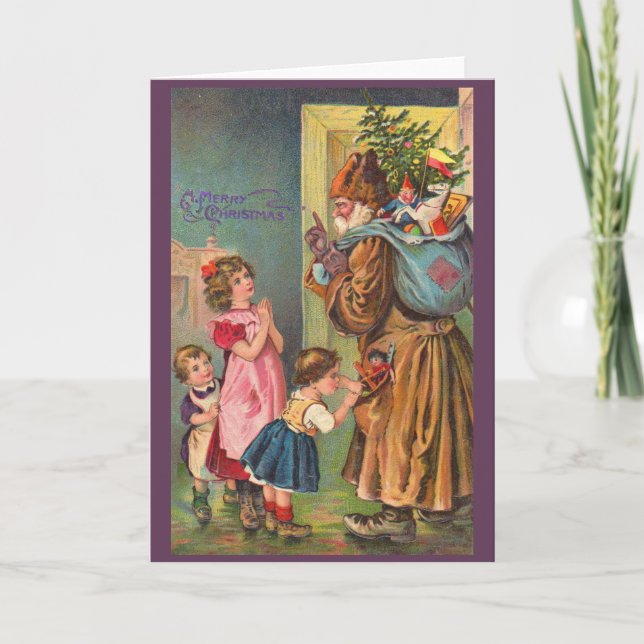 Victorian Santa Claus and children Merry Christmas Holiday Card (Front)