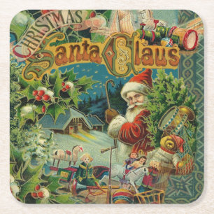 Victorian Santa Claus Christmas Collage Antique  Square Paper Coaster