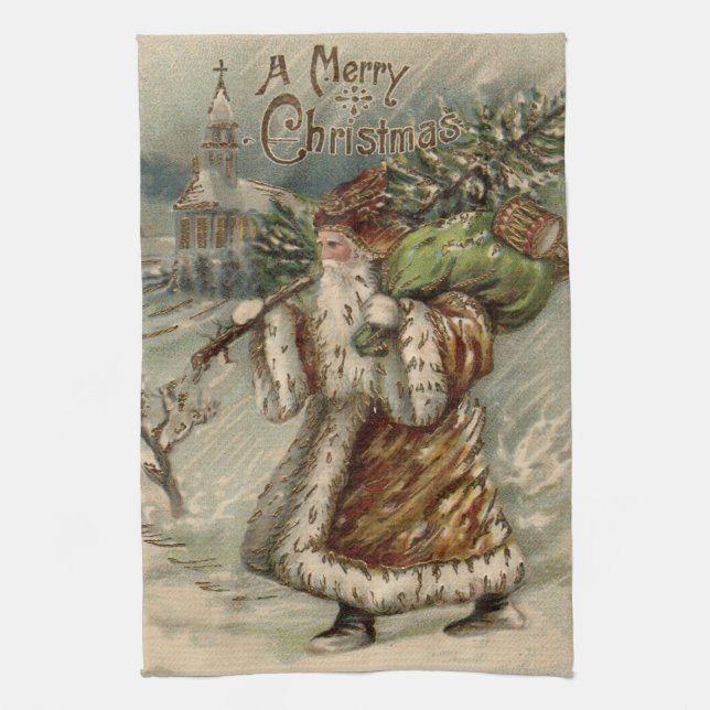 Victorian Santa Claus Christmas Tree Tea Towel (Vertical)