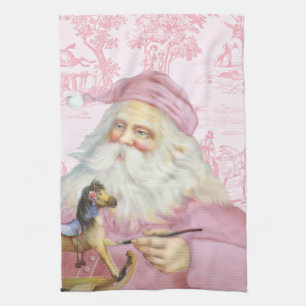 Victorian Santa Claus in Pink Toile de Juoy Tea Towel