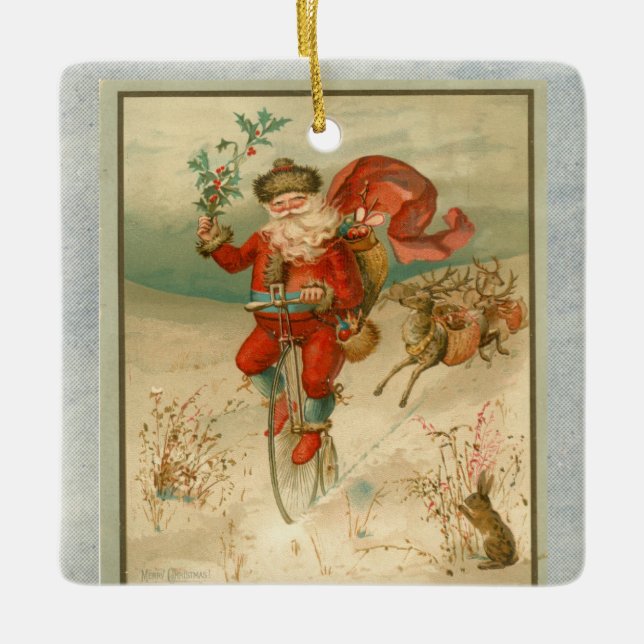 Victorian Santa Claus on high wheel bicycle Ceramic Ornament (Front)
