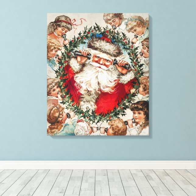 Victorian Santa Claus on Telephone with Children Canvas Print (Insitu(Wood Floor))