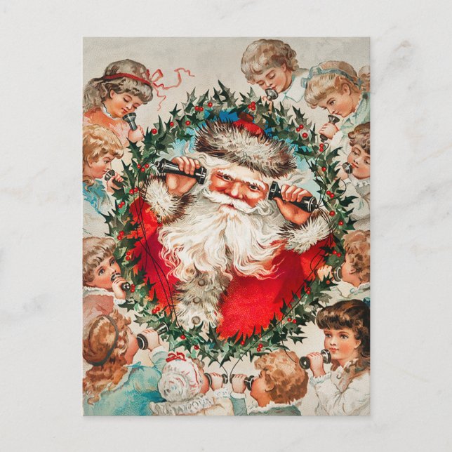 Victorian Santa Claus on Telephone with Children Holiday Postcard (Front)