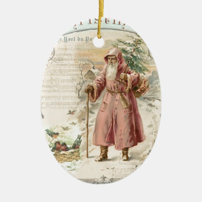 Victorian Santa Claus Pink Tree Birds Christmas Ceramic Tree Decoration (Front)