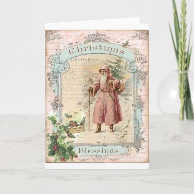 Victorian Santa Claus Pink Tree Birds Christmas Holiday Card (Front)