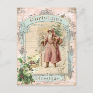 Victorian Santa Claus Pink Tree Birds Christmas Holiday Postcard