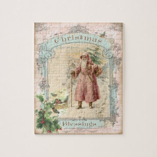 Victorian Santa Claus Pink Tree Birds Christmas Jigsaw Puzzle