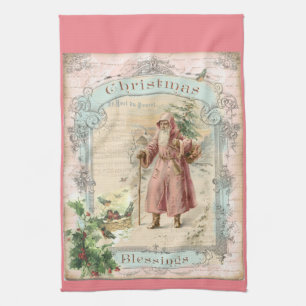 Victorian Santa Claus Pink Tree Birds Christmas Tea Towel